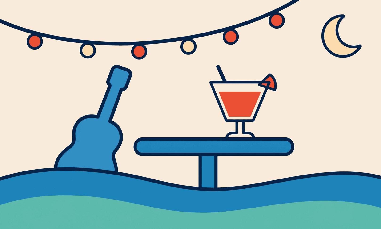 Illustration of a guitar, cocktail, string lights, and moon for Panama City Beach nightlife.