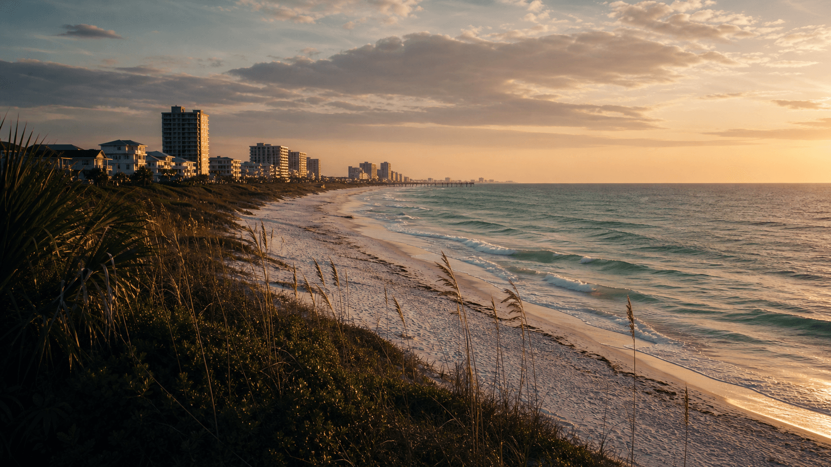 Golden light over the Panama City Beach shoreline